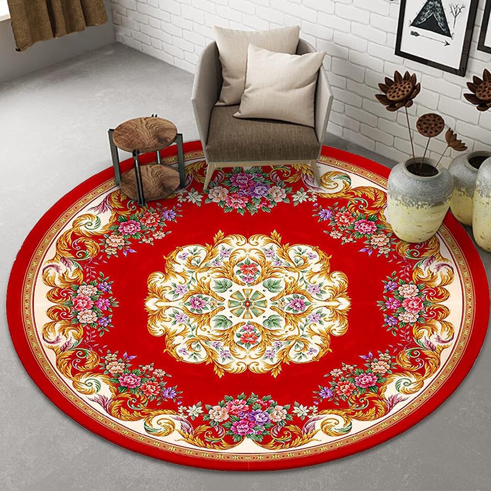 Traditional Red Round Area Rug for Living Room or Bedroom