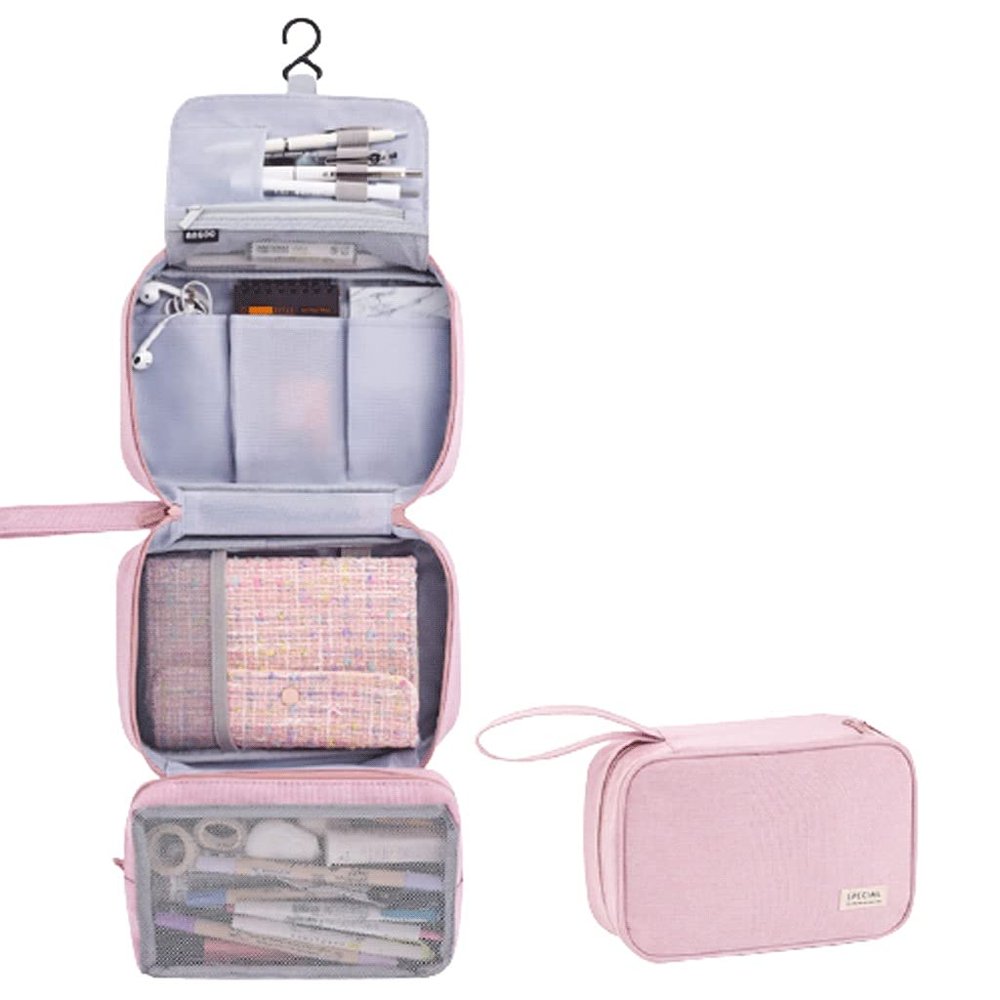 Large-Capacity Pencil Case, Cosmetic and Toiletry Bag, School Supply or Desk Organizer, 9.6 in (Pink)
