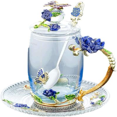BERTYPUYI 3D Vintage Flower Glass Coffee Cup with Lid, Saucer and Teaspoon, Blue