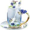 BERTYPUYI 3D Vintage Flower Glass Coffee Cup with Lid, Saucer and Teaspoon, Blue view 1