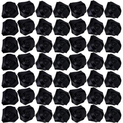 50 Black 4D Satin Ribbon Rose Fabric Flowers, 3.6 cm