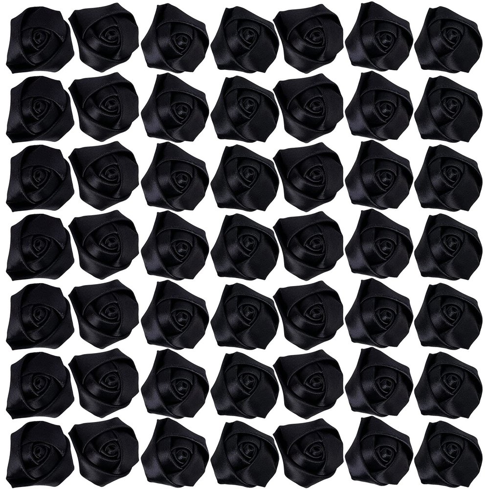 50 Black 4D Satin Ribbon Rose Fabric Flowers, 3.6 cm