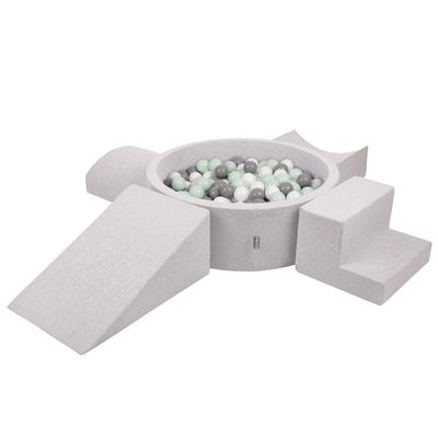 KiddyMoon Foam Playground with Round Ball Pit (300 Balls), Baby Ball Pit, Play Pool and Obstacle Course, Made in the EU, Light Gray/White/Gray/Mint