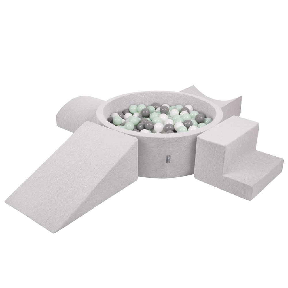 KiddyMoon Foam Playground with Round Ball Pit (300 Balls), Baby Ball Pit, Play Pool and Obstacle Course, Made in the EU, Light Gray/White/Gray/Mint