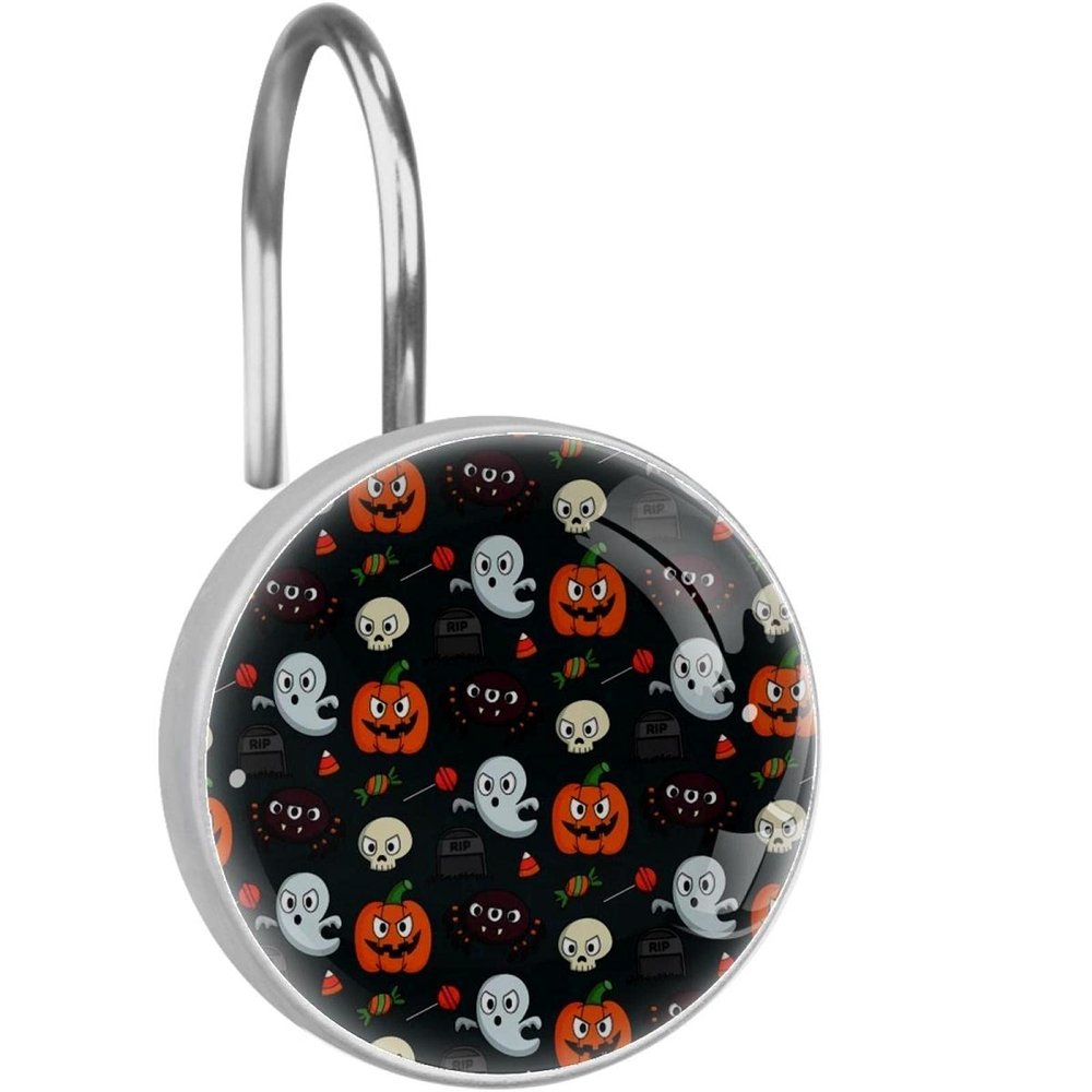 Round Shower Curtain Hooks, 12-Pack, Rust-Resistant Stainless Steel, Roller Glide Rings, Cartoon Halloween Decor