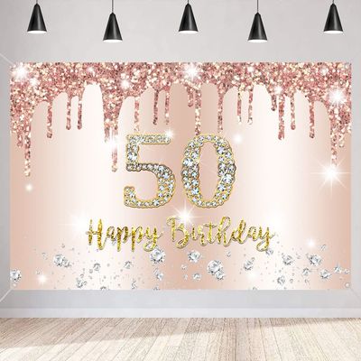 50th Birthday Decorations for Women, Rose Gold Glitter Fabric Banner
