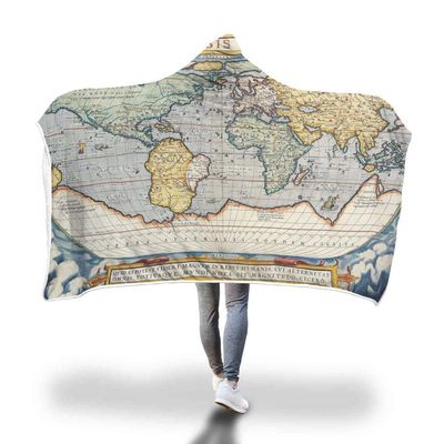 YUNHOME Hooded Blanket, Double-Layer Plush, 3D Digital Retro Map Print, 150 x 200 cm