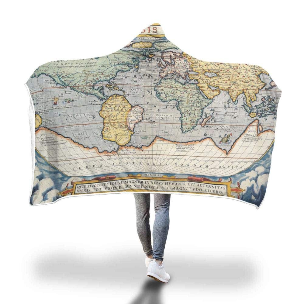 YUNHOME Hooded Blanket, Double-Layer Plush, 3D Digital Retro Map Print, 150 x 200 cm