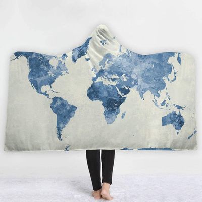 YUNHOME Hooded Blanket, Double-Layer Plush, Blue Map, 150 x 200 cm