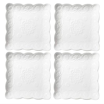 Eplze Square Ceramic Plates, Embossed Lace Pattern, 4-Pack (15.2 cm)