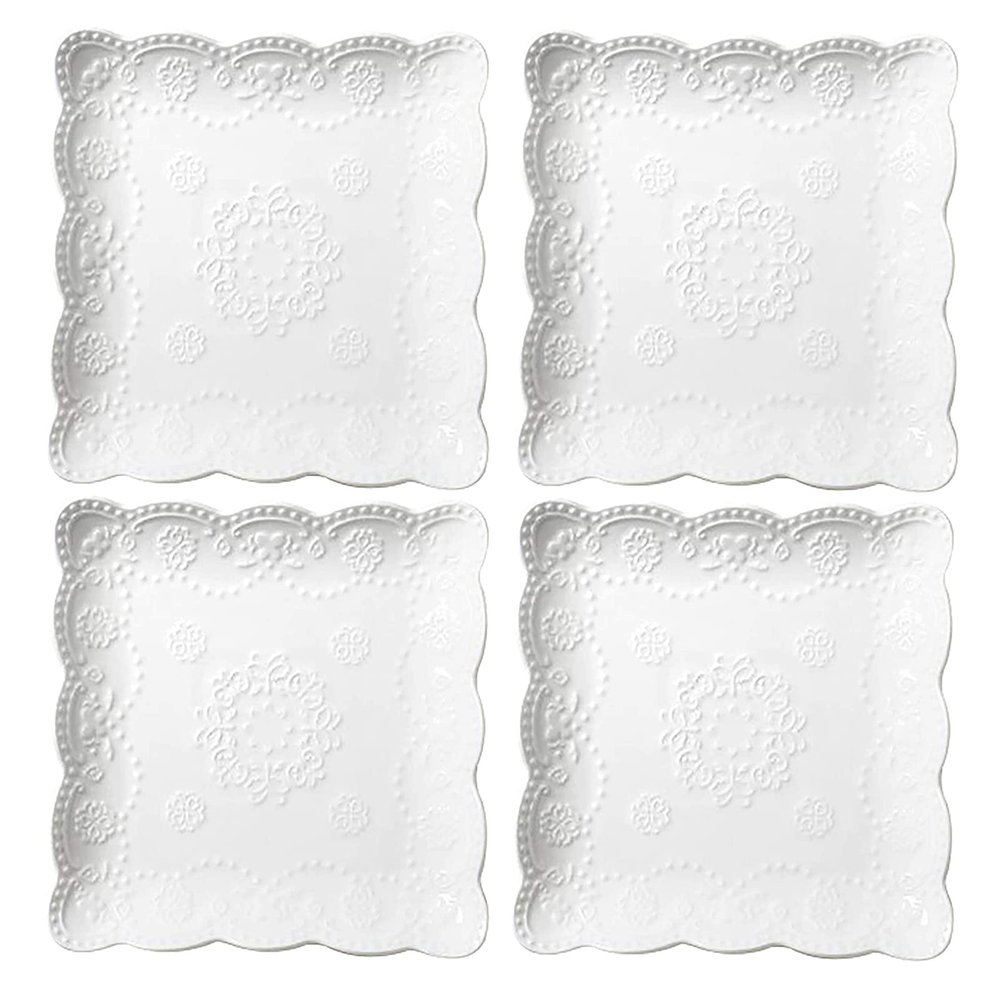 Eplze Square Ceramic Plates, Embossed Lace Pattern, 4-Pack (15.2 cm)