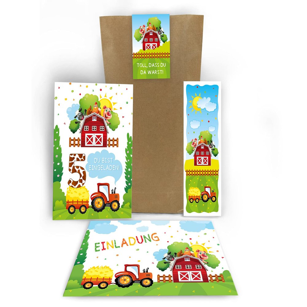 Junaversum 5th Birthday Invitations, Farm Party, 12-Set with Envelopes, Favor Bags, Stickers & Bookmarks