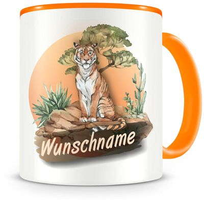 Samunshi Personalized Tiger Mug for Children with Name, Orange, 300 ml