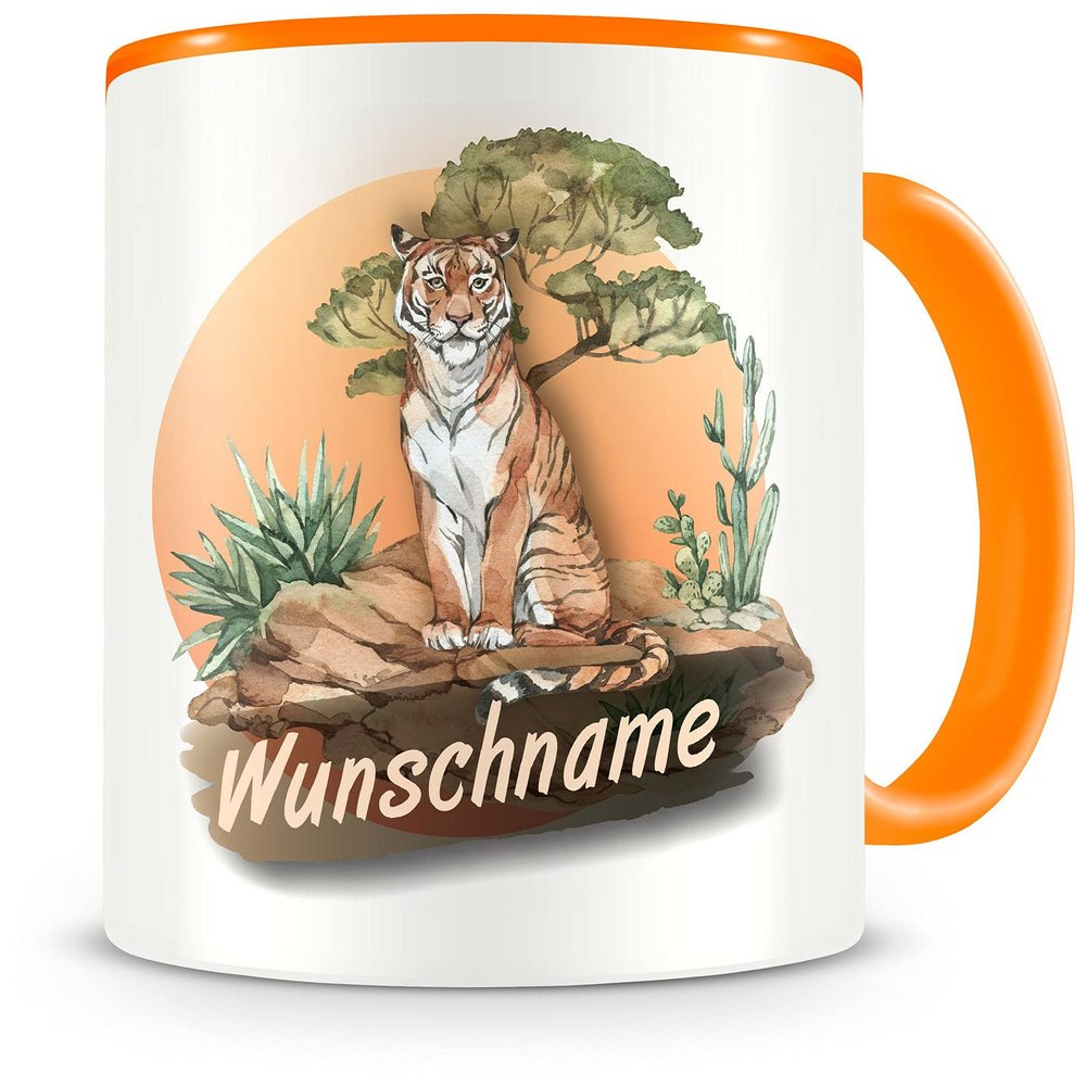Samunshi Personalized Tiger Mug for Children with Name, Orange, 300 ml