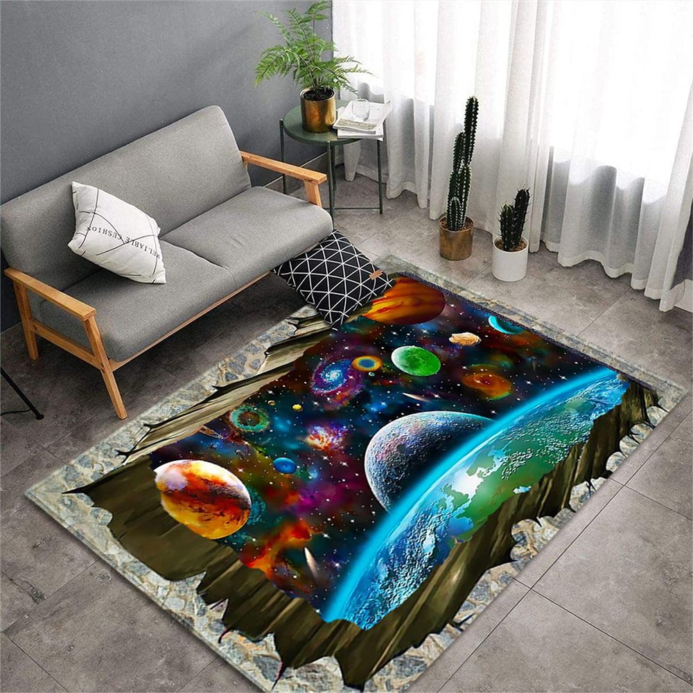 Galaxy Starry Sky Area Rug for Living Room or Bedroom, Anti-Slip, Super Soft, 3D Cosmic Planet Design, Blue/Purple/Gray (Galaxy, 7.60 x 90 cm)