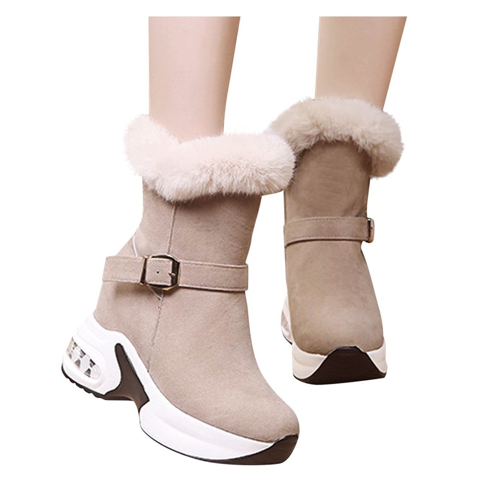 Binggong Women's Plush Winter Boots, Solid-Color Wedge Ankle Boots