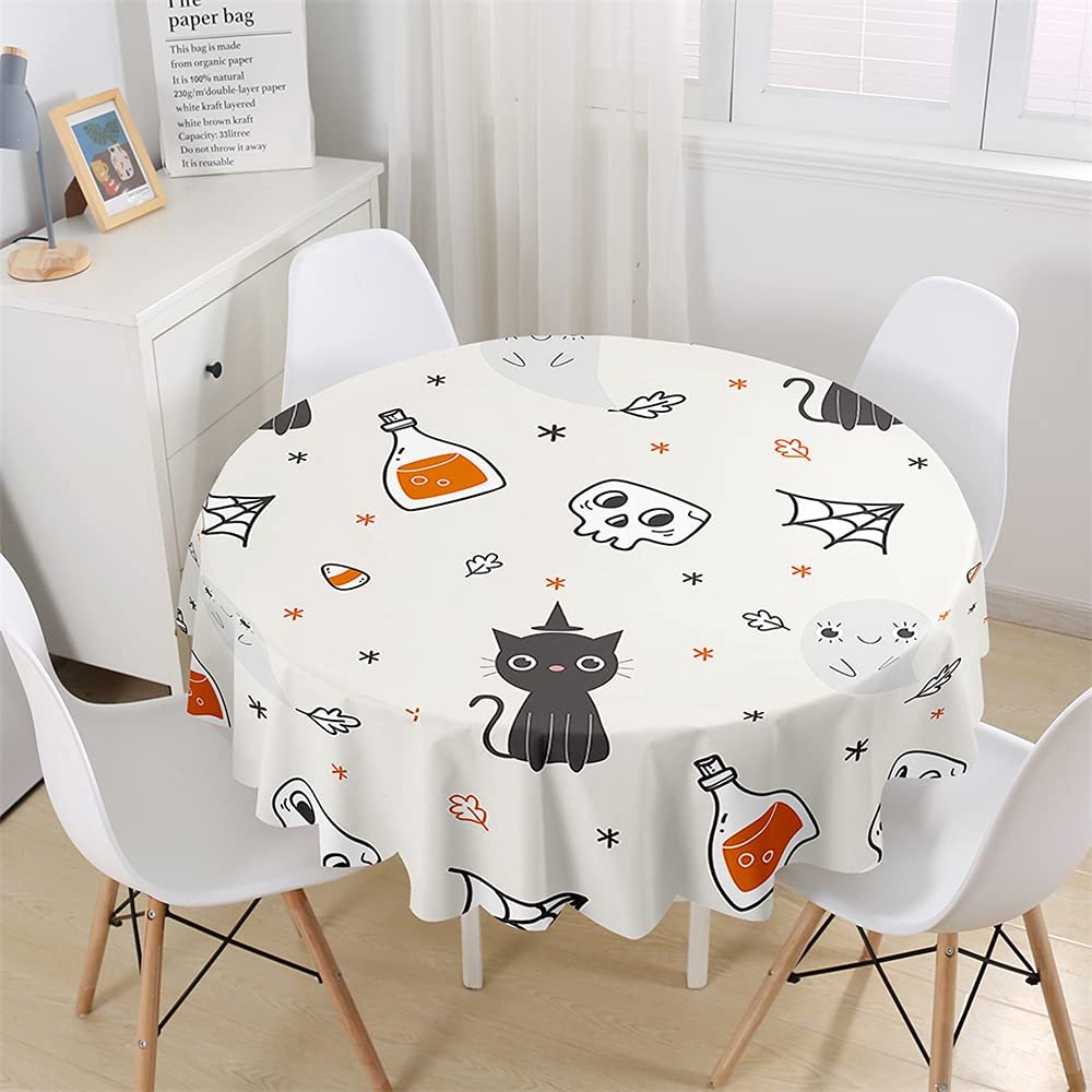 Chickw1 Waterproof Round Halloween Tablecloth with 3D Pumpkin and Black Cat Print, Spider Web, 120 cm