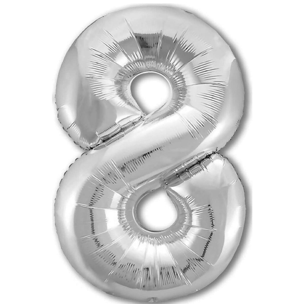 8th Birthday Balloon, Silver Number 8, XXL 100 cm Foil Balloon