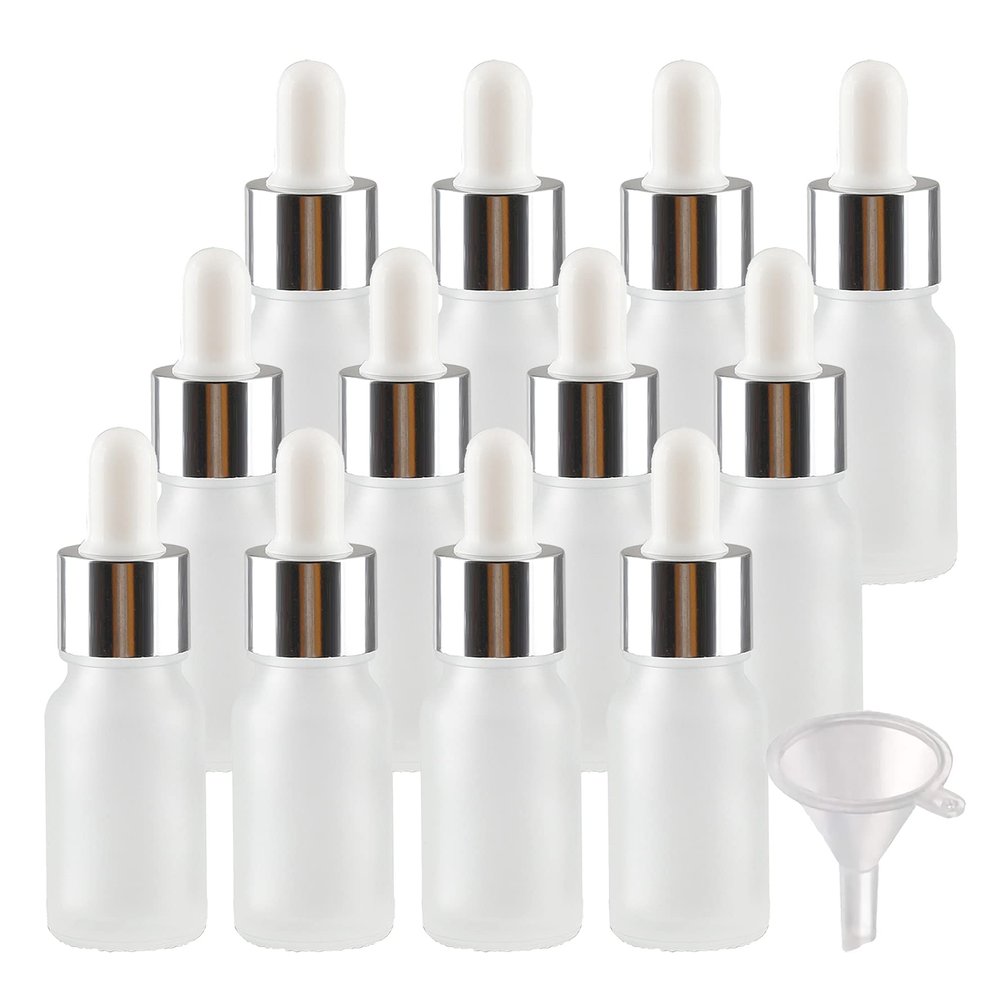 BasicPacking 24-Pack 10 mL Amber Glass Dropper Bottles with White/Silver Pipettes and 4 Funnels
