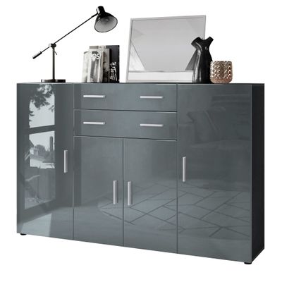 Vladon Aron Highboard Sideboard with 2 Drawers and 4 Doors, 8 Compartments, Matte Anthracite/High-Gloss Gray (166.5 x 106.5 x 35 cm)
