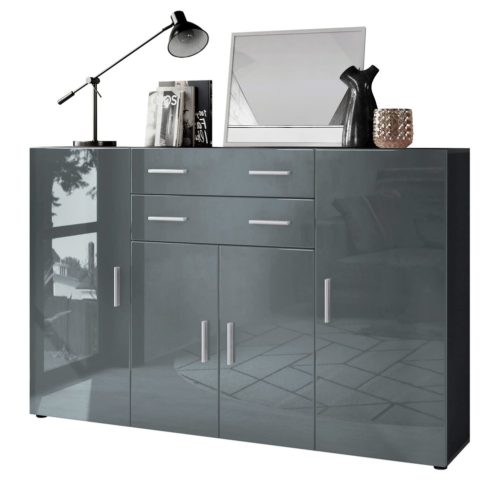 Vladon Aron Highboard Sideboard with 2 Drawers and 4 Doors, 8 Compartments, Matte Anthracite/High-Gloss Gray (166.5 x 106.5 x 35 cm)