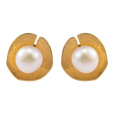 LOKILOKI 925 Sterling Silver Lotus Leaf Pearl Stud Earrings for Women, Handmade 18K Gold Vintage Jewelry