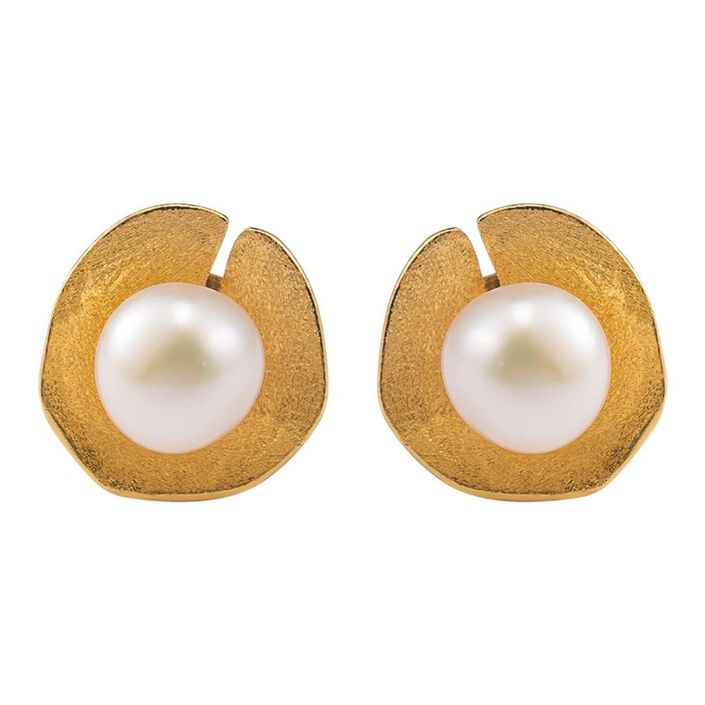 LOKILOKI 925 Sterling Silver Lotus Leaf Pearl Stud Earrings for Women, Handmade 18K Gold Vintage Jewelry