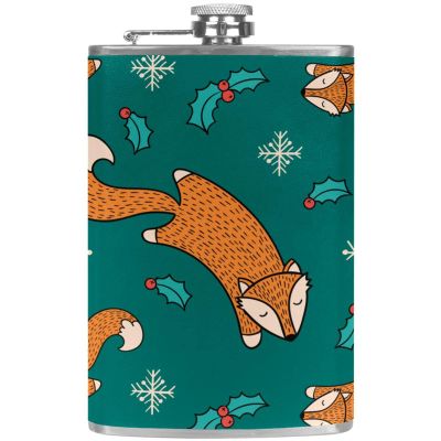 Small Stainless Steel Hip Flask for Liquor with Funnel, Leakproof, Sketchy Christmas Fox
