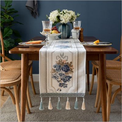BMIDOT Blue Patterned Handwoven Tassel Table Runner, Washable, 32 x 240 cm