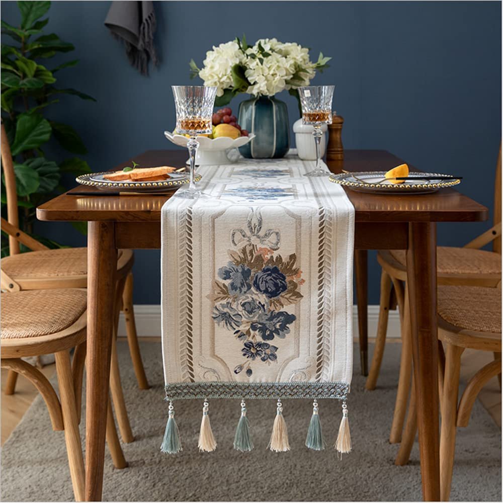 BMIDOT Blue Patterned Handwoven Tassel Table Runner, Washable, 32 x 240 cm