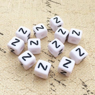 Letter Beads, 30-Piece Set, 6x6 mm, White with Black