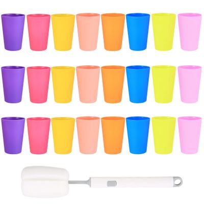 LJHOME 24-Pack Reusable Plastic Cups, 260 ml, 8 Colors, with Cleaning Brush