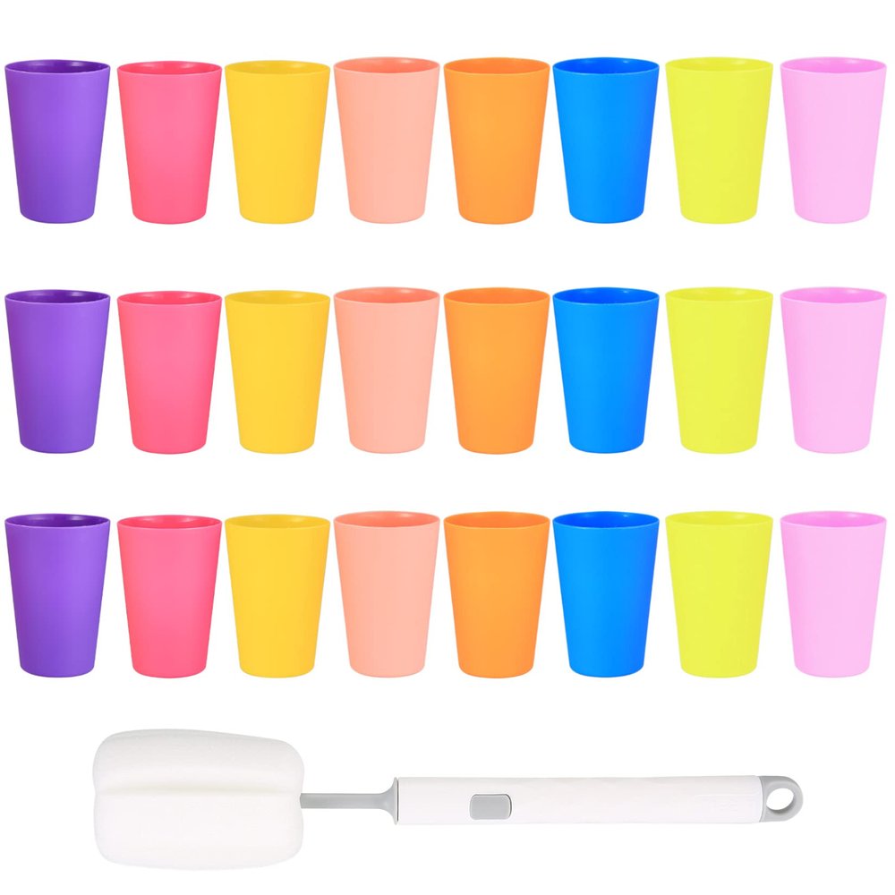 LJHOME 24-Pack Reusable Plastic Cups, 260 ml, 8 Colors, with Cleaning Brush