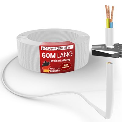 MAS Premium H03VV-F PVC Flexible Appliance Cable, 3G0.75, White, 60 m
