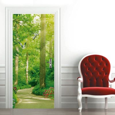 A.Monamour 3D Forest Path Self-Adhesive Door Wallpaper, 77 x 200 cm