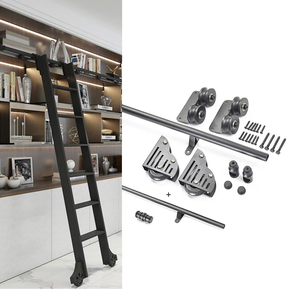 DTDMY Black Rolling Ladder Hardware Kit, Round-Tube Track, 200 cm