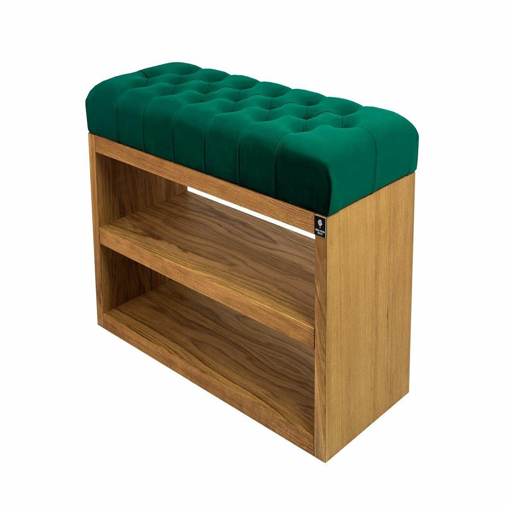 EMRA WOOD M-DEKO LPS-5 Upholstered Chesterfield Shoe Bench with Shelf, Green Velvet, Wooden Frame, Made to Measure, H 50 x D 35 x W 65 cm