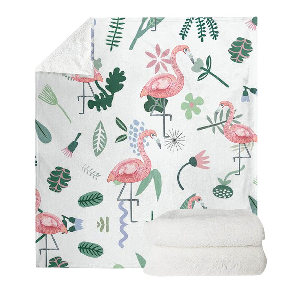 HUGSIDEA Flamingo Blanket, Cartoon Forest Leaf Flower Design, Soft Flannel, Plush, All-Season, 2XL