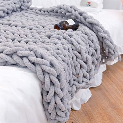 GYHH Chunky Knit Chenille Throw Blanket, Light Gray, 60 x 60 in (150 x 150 cm)