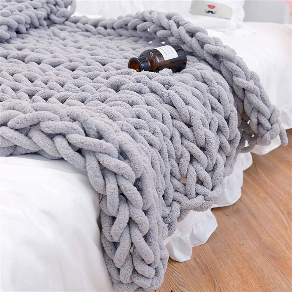 GYHH Chunky Knit Chenille Throw Blanket, Light Gray, 60 x 60 in (150 x 150 cm)