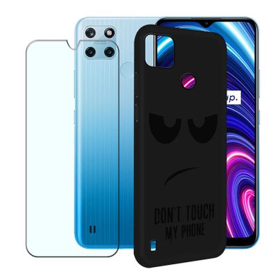CXKJ Case for Realme C25Y (6.5-inch), Black TPU Silicone Case + 9H Tempered Glass Screen Protector