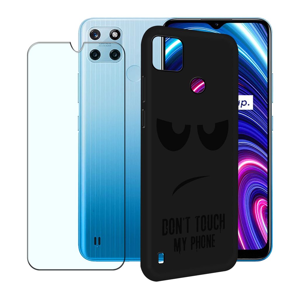 CXKJ Case for Realme C25Y (6.5-inch), Black TPU Silicone Case + 9H Tempered Glass Screen Protector
