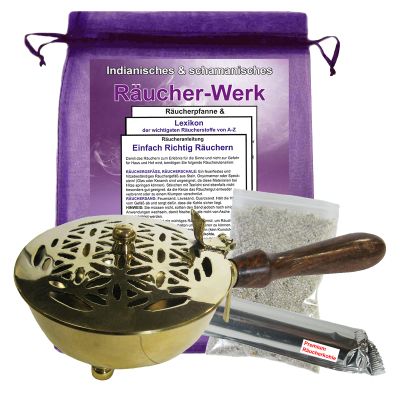 Brass Incense Burner with Wooden Handle, Flower of Life, 6-Piece Set