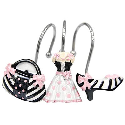 YUESFZ Black Shower Curtain Hooks, Princess Skirt Design, High-Heel Rings with Pink Bow Handbag Decor