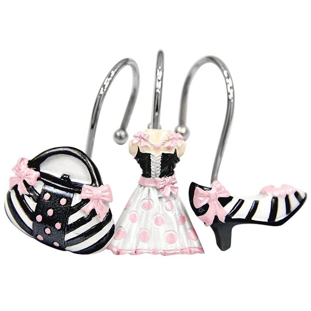 YUESFZ Black Shower Curtain Hooks, Princess Skirt Design, High-Heel Rings with Pink Bow Handbag Decor