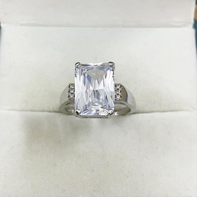 HCMA Classic Silver-Colored Ring for Women with Five-Color Rectangular Gemstones, Sizes 6–10