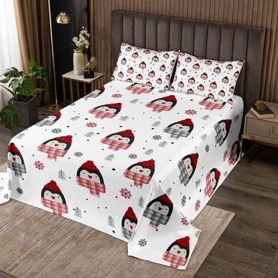 Penguin Bedspread 220 x 240 cm, Cartoon Penguin with Scarf, 3-Piece Set