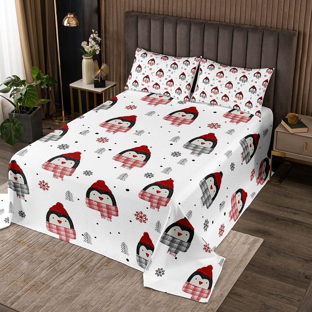 Penguin Bedspread 220 x 240 cm, Cartoon Penguin with Scarf, 3-Piece Set