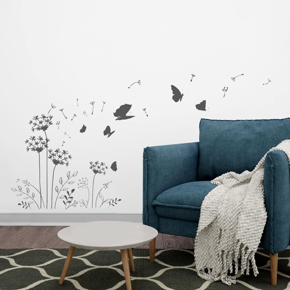 tjapalo ul7 Dandelion Wall Decal, Gray, Living Room and Kitchen, Vines, Azure Blue, W110 x H58 cm