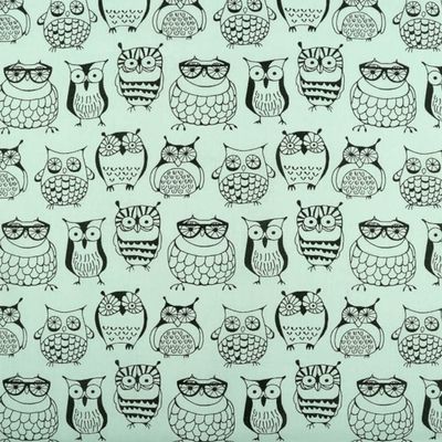 100% Cotton Fabric with Owl Motif, Mint, 140 cm Wide
